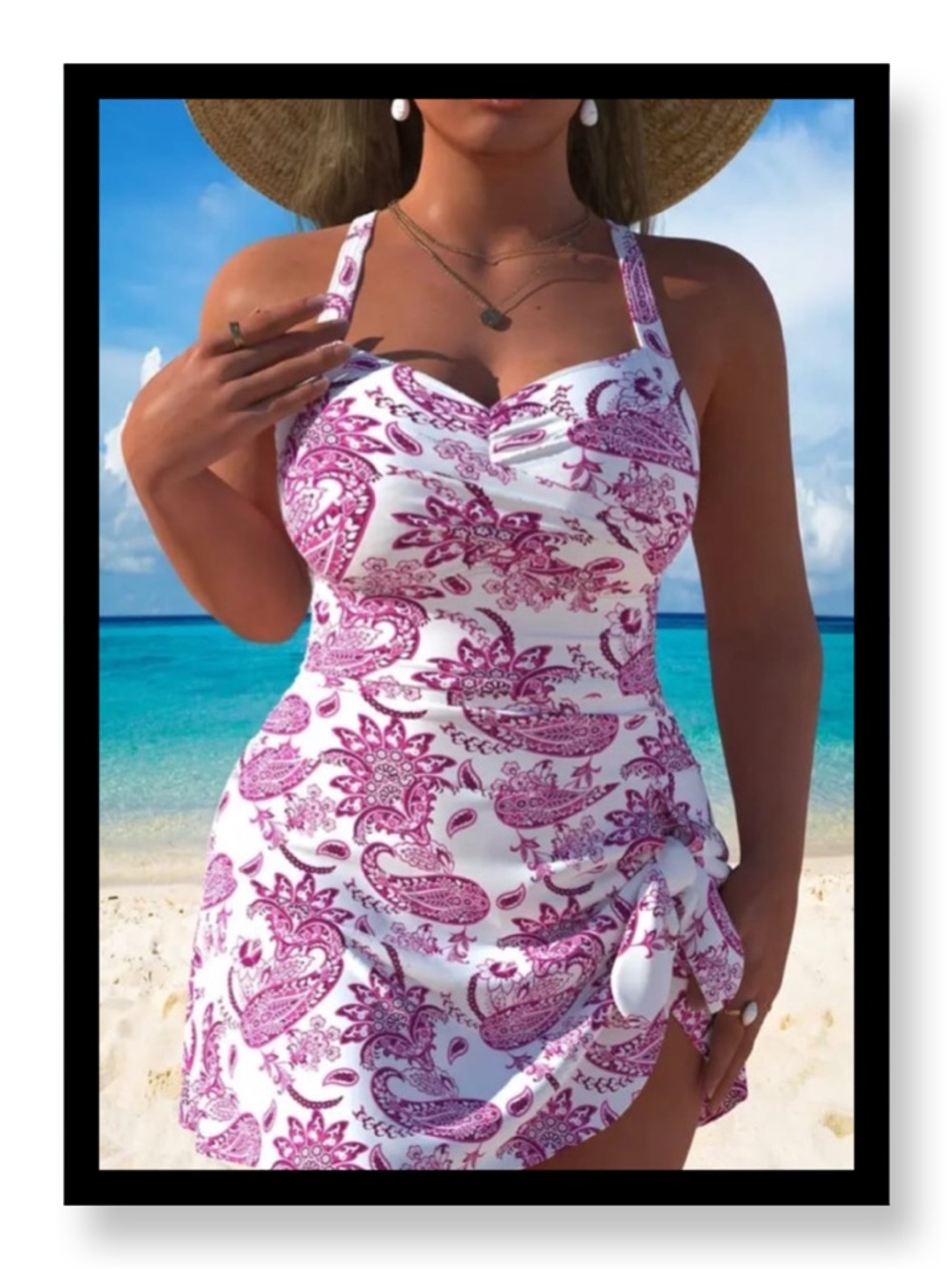 🆕 Plus Size Women’s White and Magenta Paisley Tankini Dress